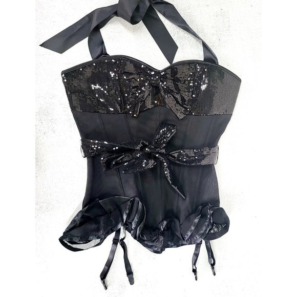 NEW ADORE ME Black Beaded Garter Corset Top S M L Halter Slimming‎ Belt Lingerie - Picture 1 of 12